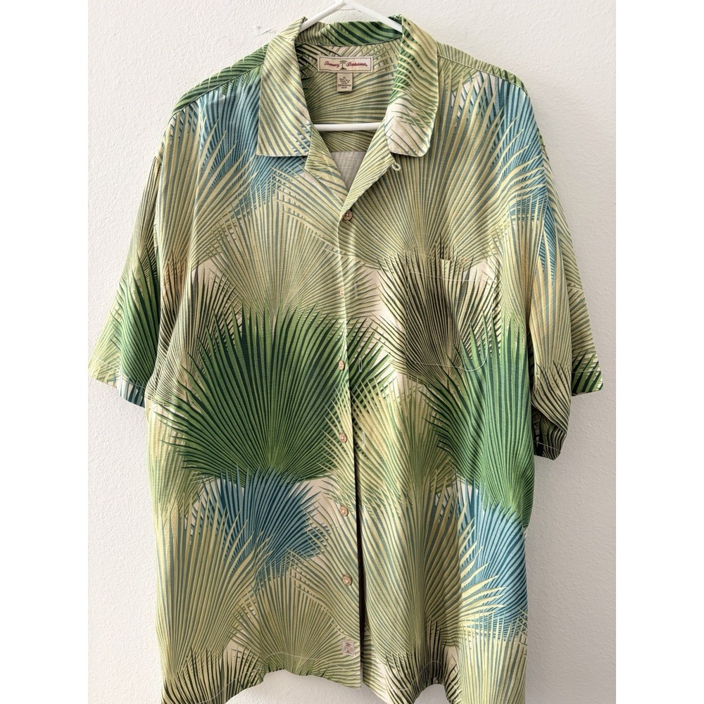 Tommy Bahama Silk Hawaiian Shirt Mens XL Green Tropical Palm Fronds Camp Short